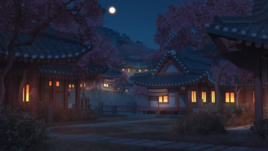 Traditional Korean street at night, lanterns lit.