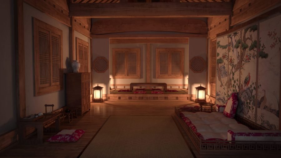 Traditional Korean interior bedroom with paper screens.