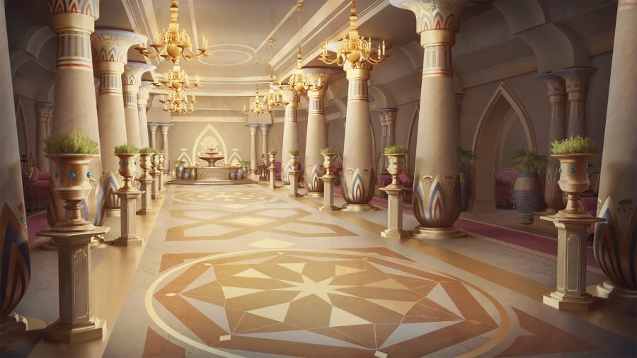 Palace room with gilded columns and a polished stone floor.