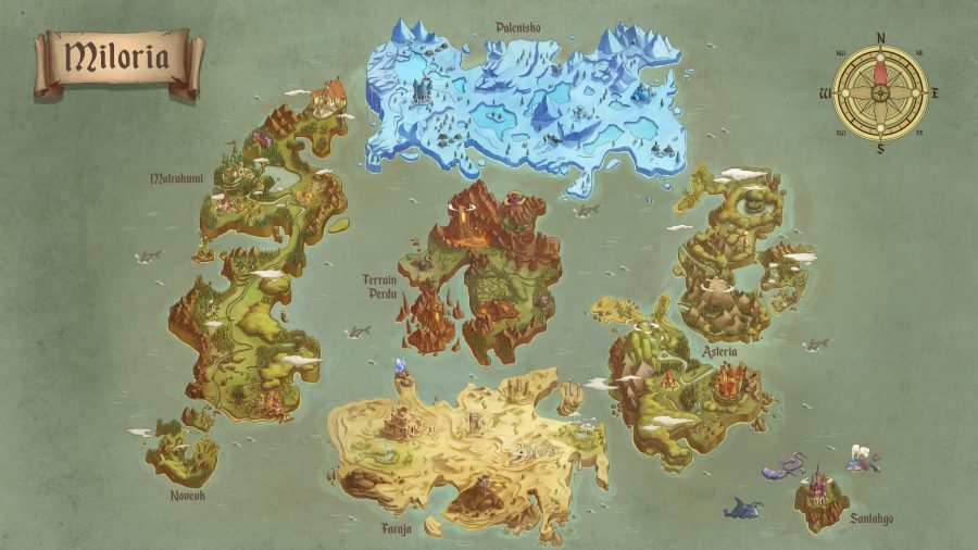 Illustrated world map of Miloria with painted regions and a compass rose.