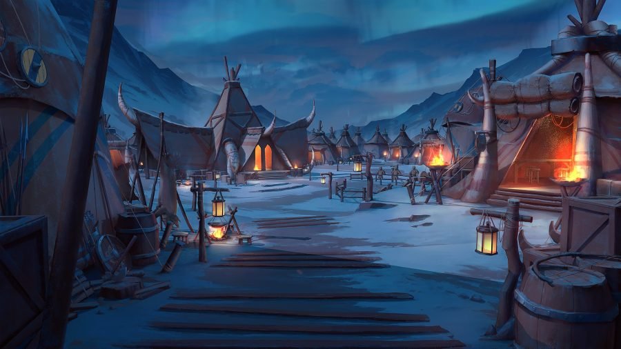 Nomad camp at night, tents lit from within on an open plain.