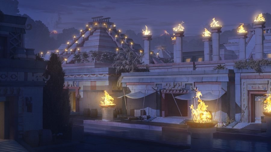 Mayan city at night, braziers lighting the plaza.