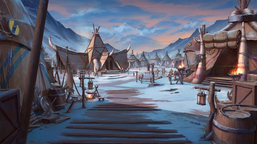 Northern nomad camp by day: hide tents on a frozen shore.