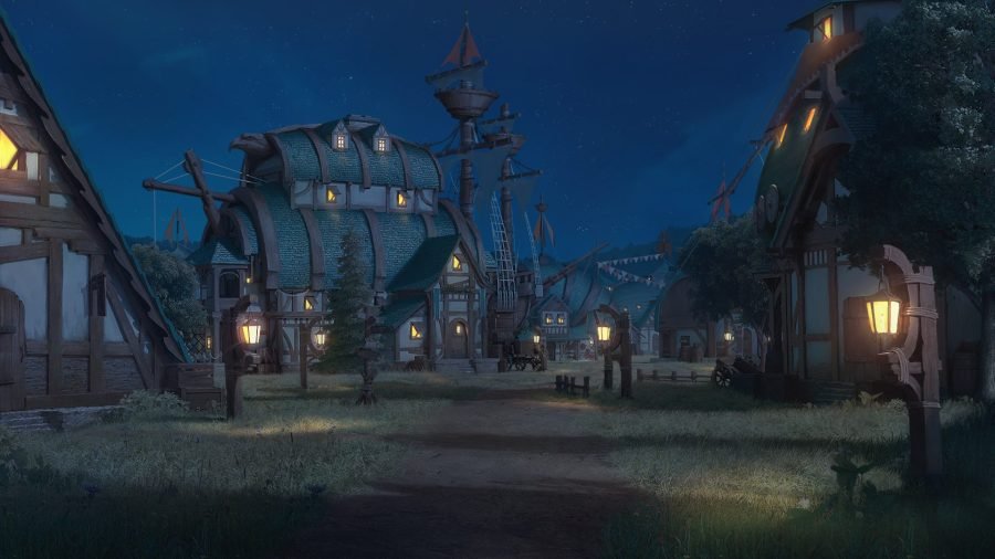 Shipwreck village at night, lanterns strung between hulls.