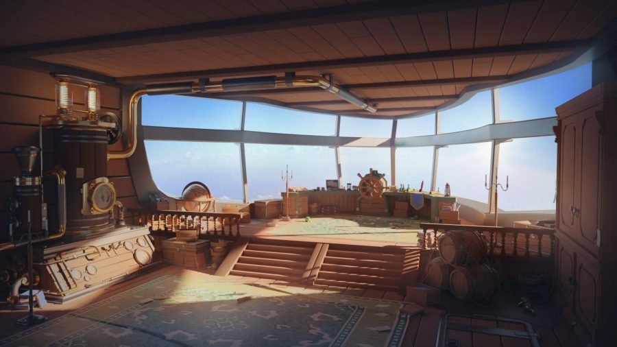 Airship interior in daylight, timber deck and rigging.