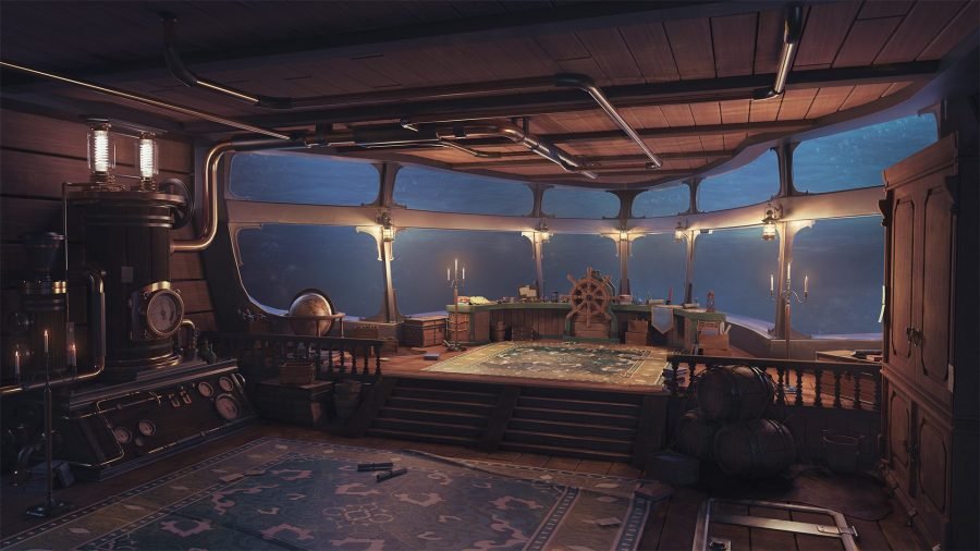Airship interior submerged, light filtering through the water.