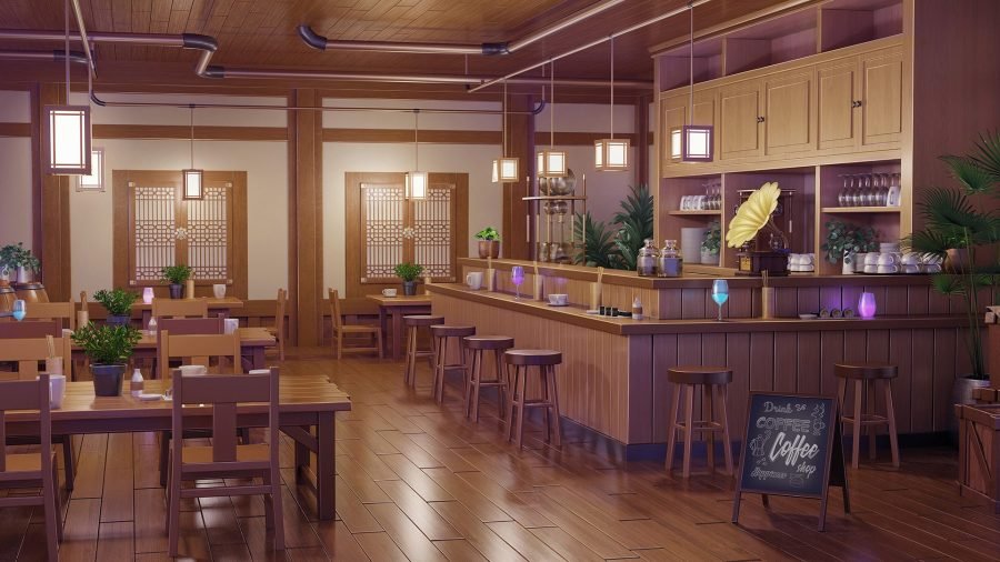 Eastern coffee shop interior with a long timber bar.