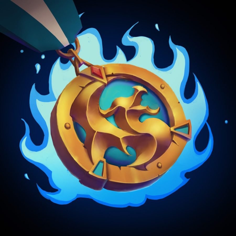 Circular medal icon wreathed in blue flame.