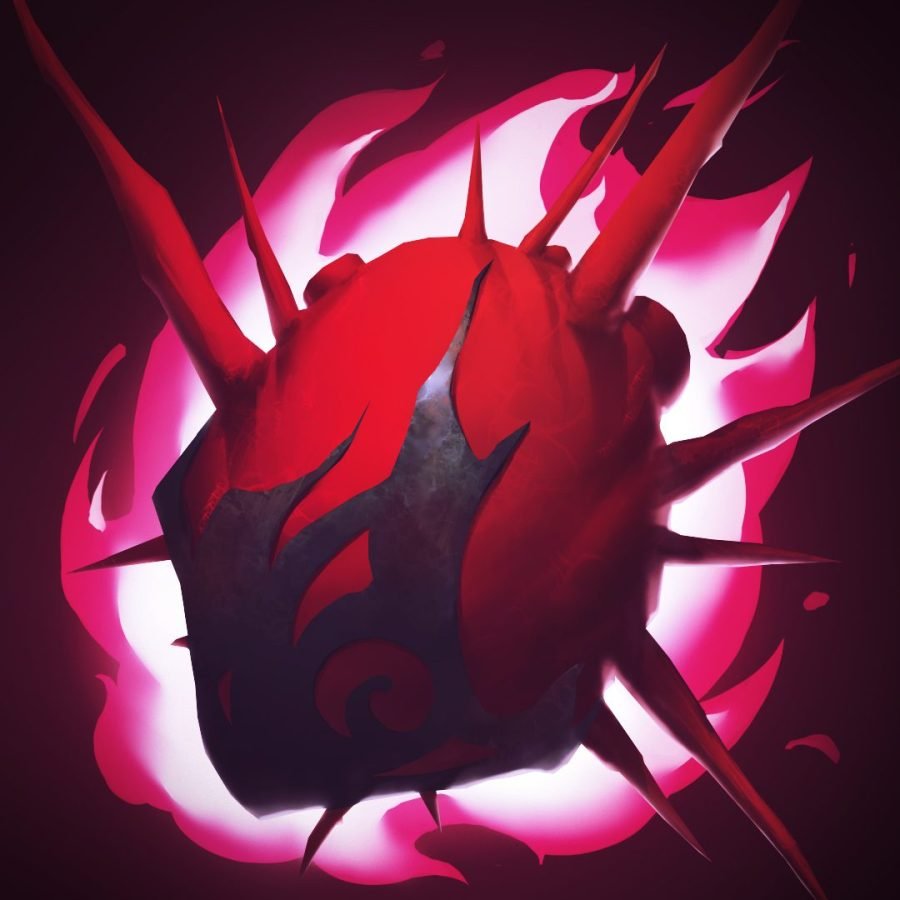 Red crystal shard icon bursting with pink energy.