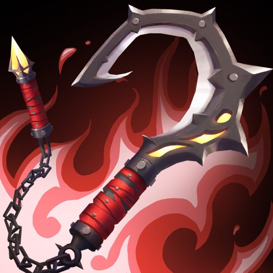 Hooked chain weapon icon on a red flame backdrop.