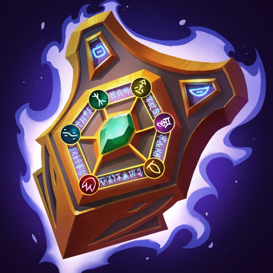 Runed shield icon ringed with blue flame.