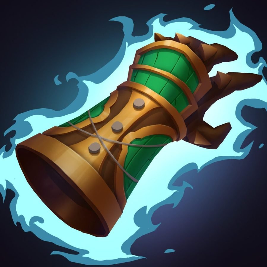 Bronze bell-shaped item icon in blue flame.