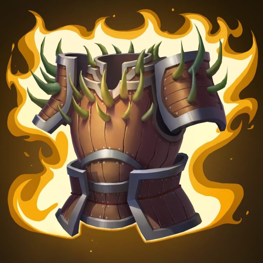 Studded gauntlets icon framed by gold flame.