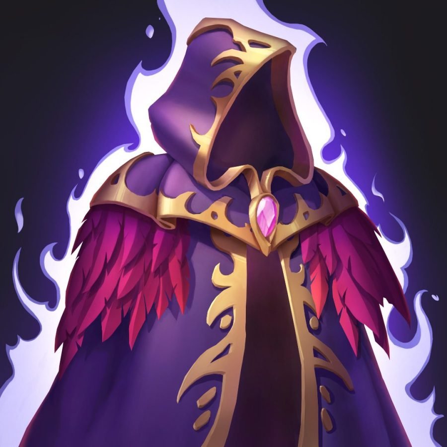 Hooded violet robe icon with feathered trim.