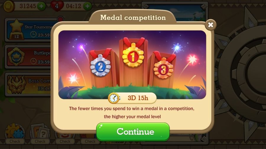 Medal competition modal over the game board, showing podium ranks and a countdown.