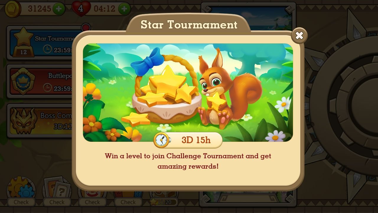 Star tournament modal with an illustrated reward panel and entry countdown.