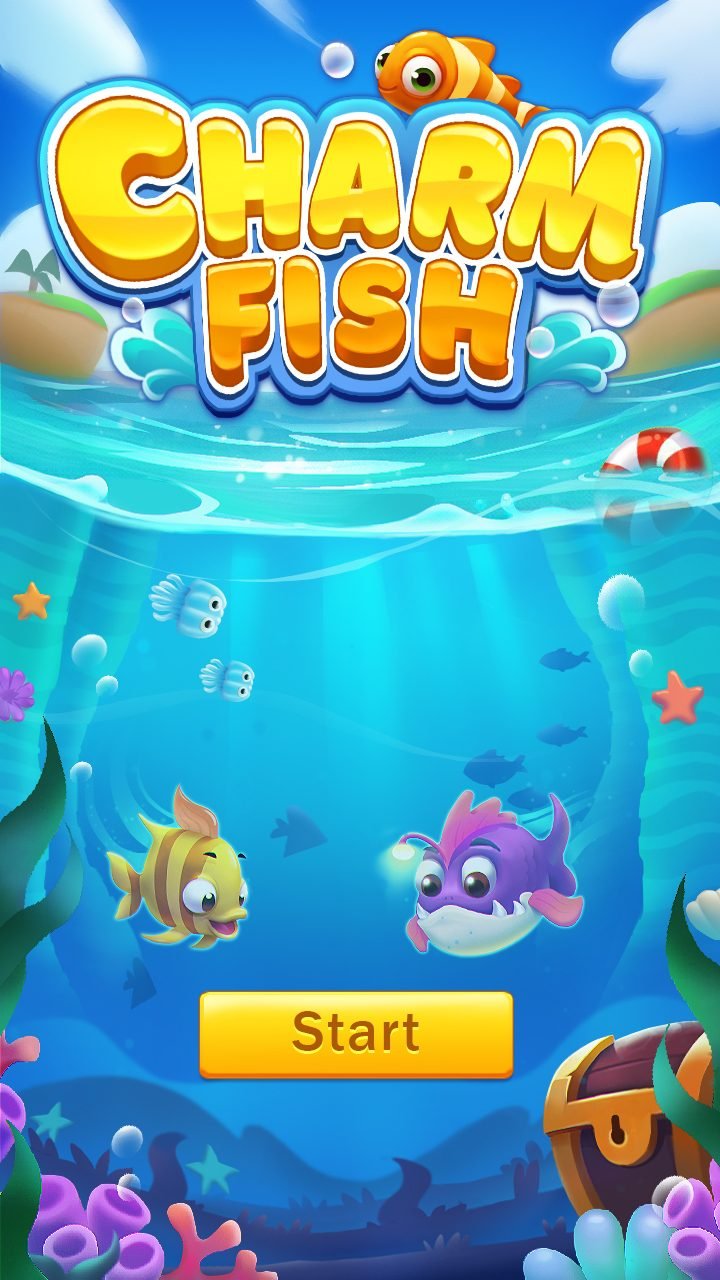 Portrait title screen for an underwater match-three game with a start button.