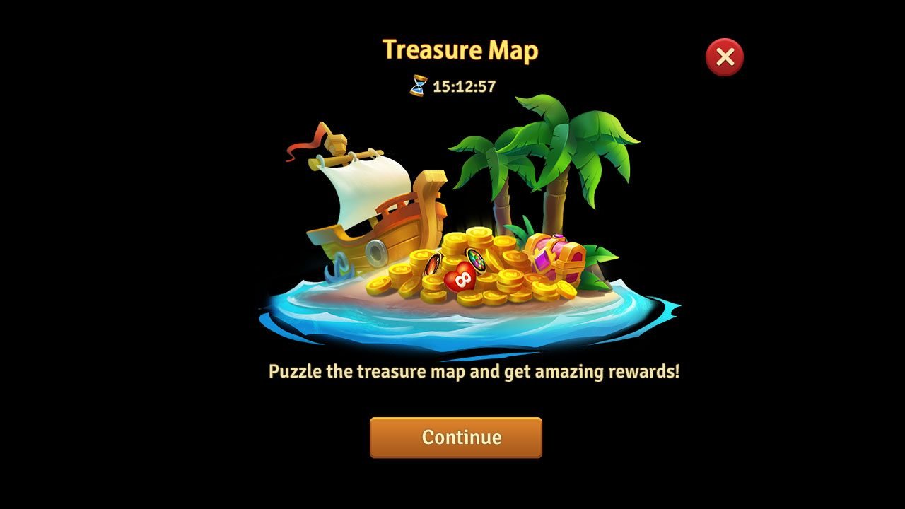 Treasure map event panel with an illustrated island and a continue action.
