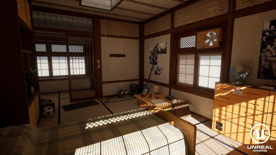 Japanese room corner with wall shelving, hanging scrolls and a futon set out on the tatami.