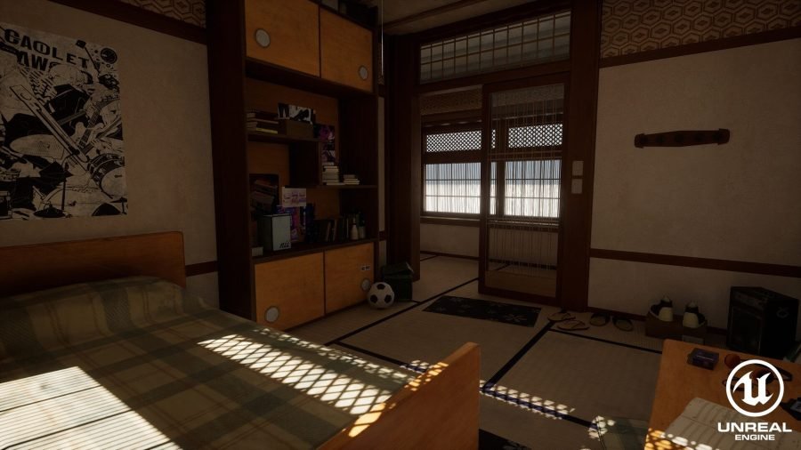 Japanese room looking toward the engawa, shoji screens open to the garden light.