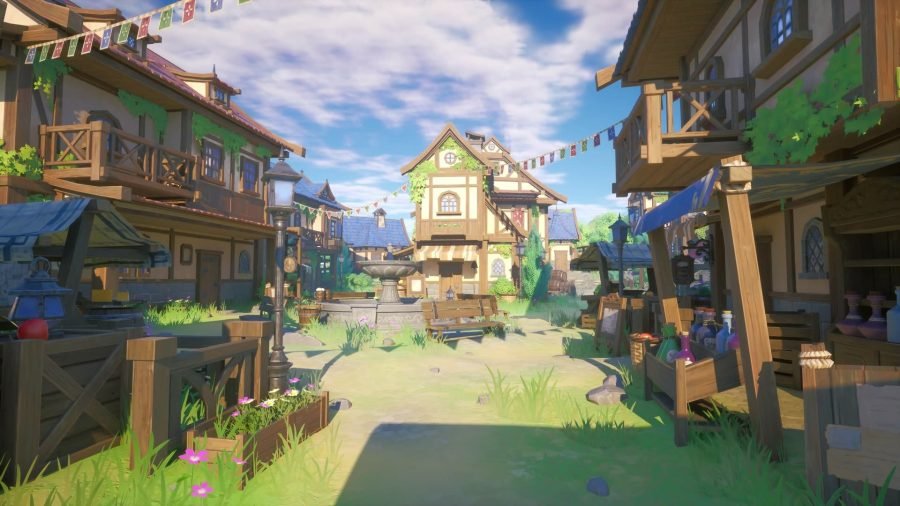 Aerial frame over the Medieval City rooftops built in Unreal Engine.