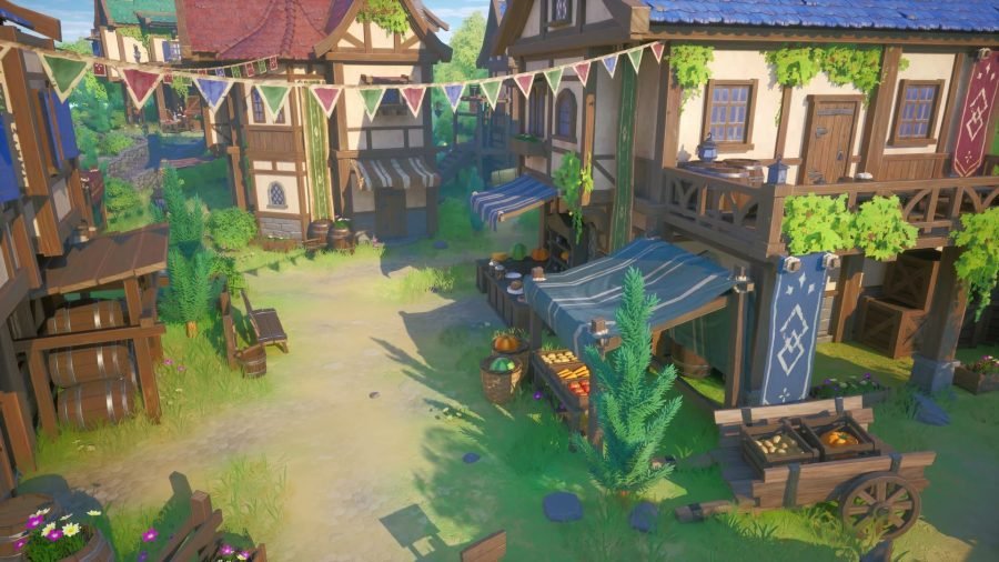 Ground-level frame of the Medieval City market street with dressed stalls.